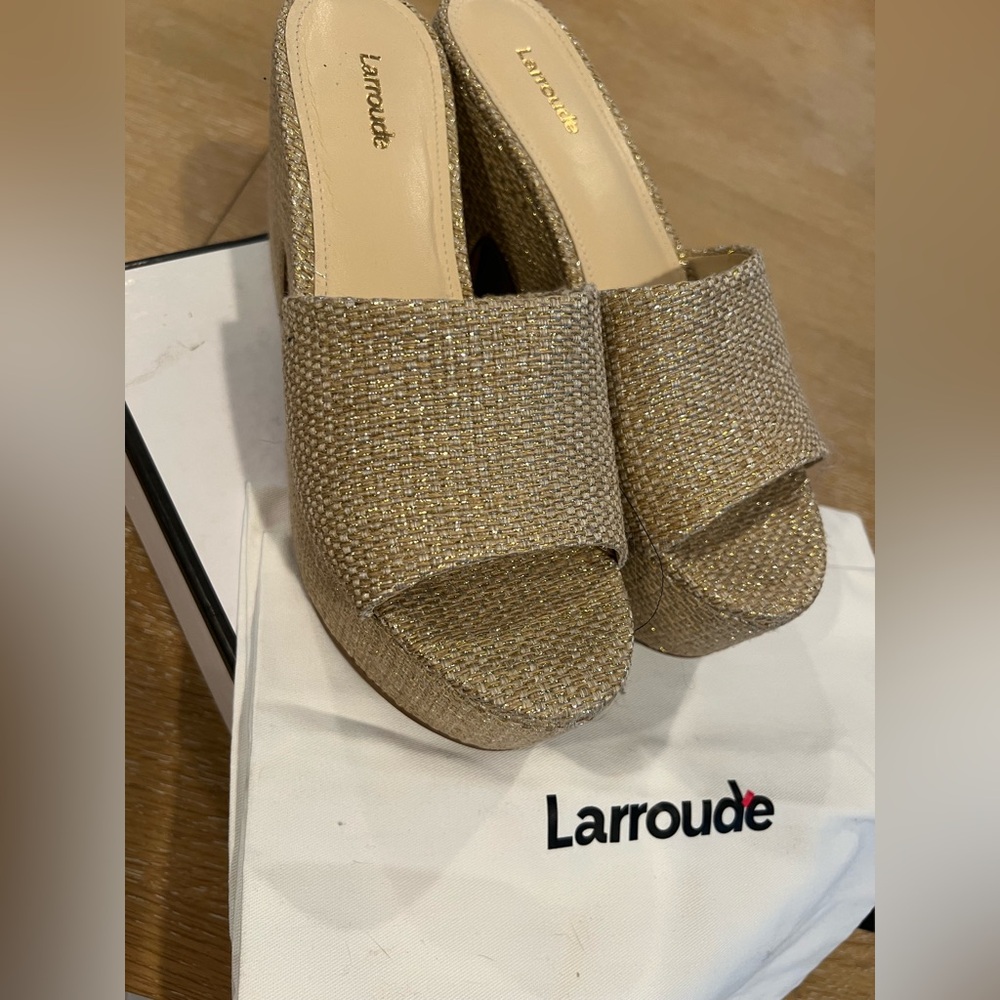Larroude Gold Glitter Woven Platform Mules
